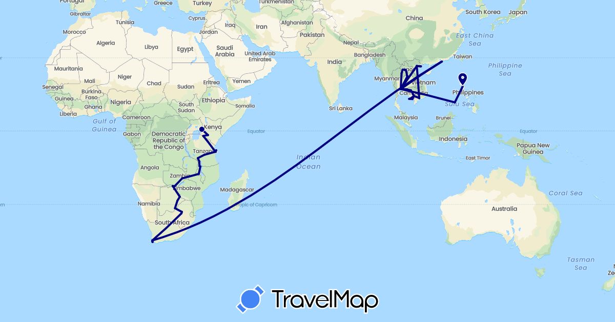TravelMap itinerary: driving in Botswana, Hong Kong, Kenya, Cambodia, Laos, Malawi, Philippines, Thailand, Tanzania, Vietnam, South Africa, Zambia (Africa, Asia)